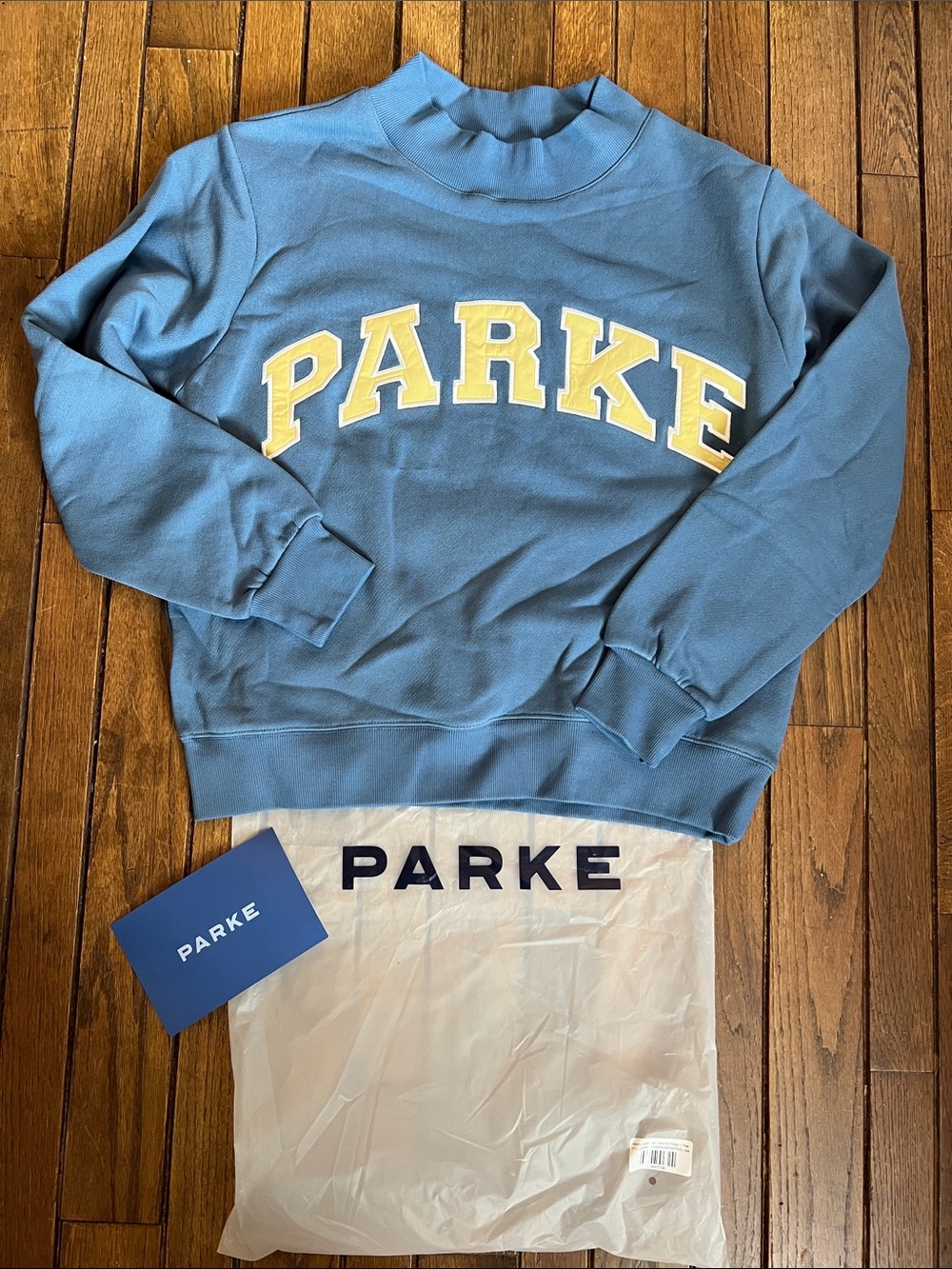 PARKE Washed Indigo Heritage Varsity Mockneck Size S/M NWT NEW IN BAG